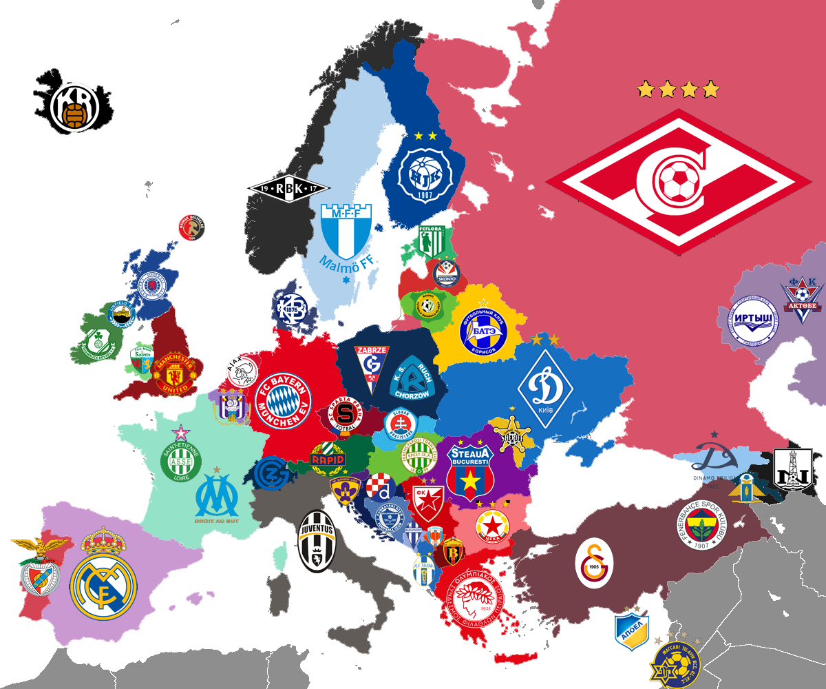 Map of Europe illustrating the clubs with the most league titles for