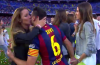 Football ‘player’ Xavi gets a smooch from all the ladies during his Barca farewell