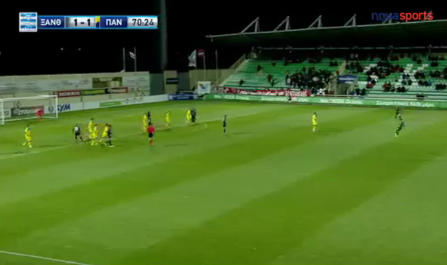 Xanthi’s Manolis Papasterianos with a 40-yard thunderbastard free kick